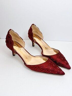 Size 9 D'Orsay Women’s Satin Pumps Pointed Toe Heels Rhinestone Maroon Red